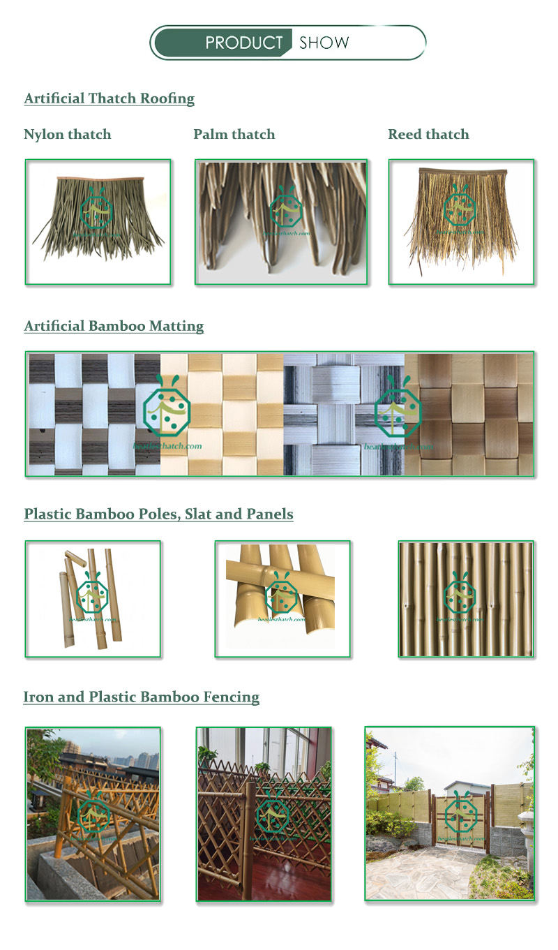 Product Range of Artificial Thatch Roofing, Plastic Palm Roof, Synthetic Bamboo Woven Panel, Iron and Plastic Bamboo Poles