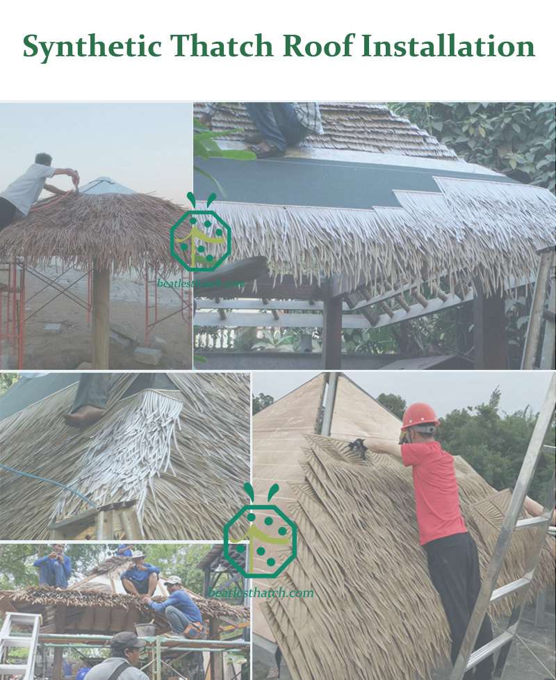 Installation of artificial tiki bar thatch roof materials