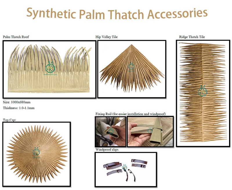 Fixing rail, windproof clips, ridge palm thatch, hip valley tile for artificial palm thatch roof system Fixing rail, windproof clips, ridge palm thatch, hip valley tile for artificial palm thatch roof system