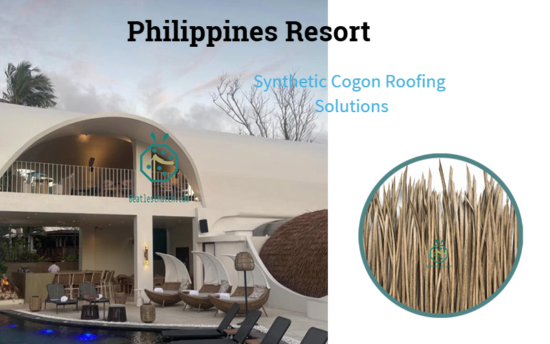 Synthetic banana leaf thatch for waterfront park landscape design