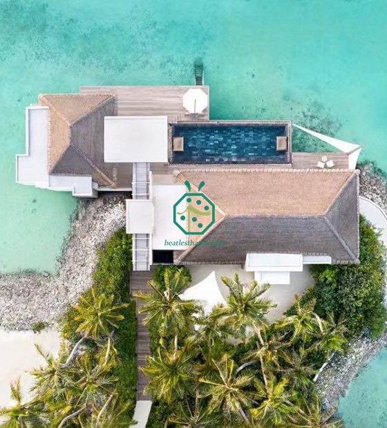 Progetti di copertura in paglia artificiale Kajan alle Maldive per bungalow con piscina sulla spiaggia