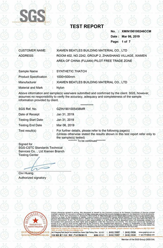 Test di resistenza al fuoco UL 94-2013 e test di esposizione ai raggi UV ASTM G154-16 per coperture in paglia sintetica