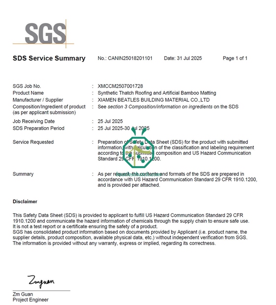 Certificato MSDS dei Beatles per paglia artificiale e stuoie intrecciate